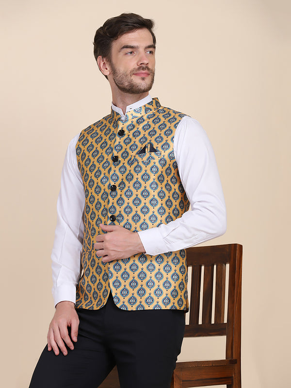 Men Yellow Printed Nehru Jacket - Tahvo India