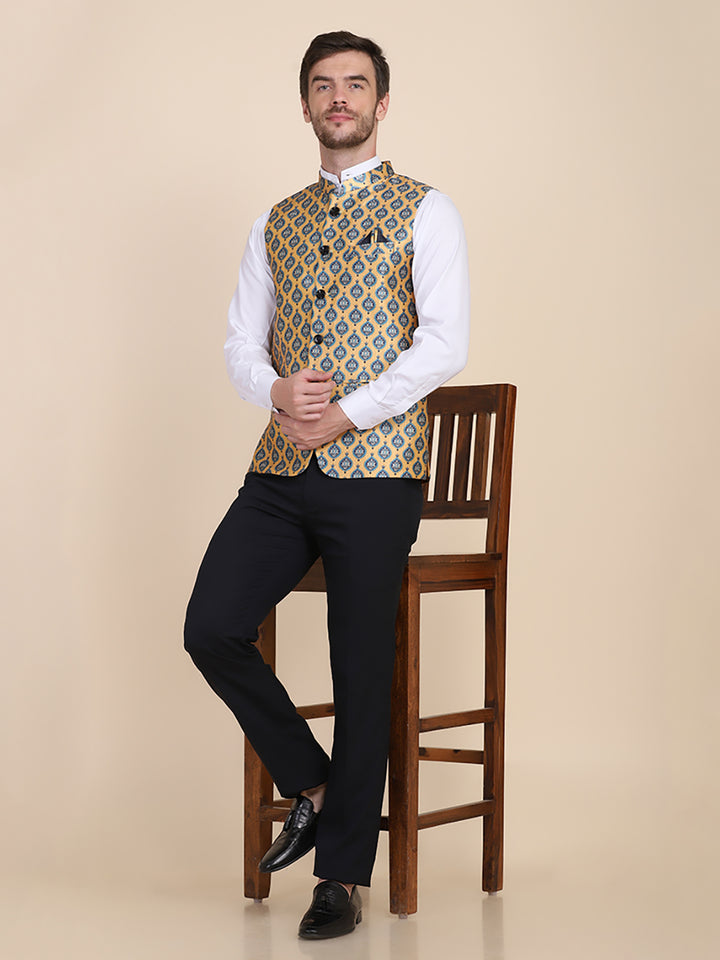 Men Yellow Printed Nehru Jacket - Tahvo India