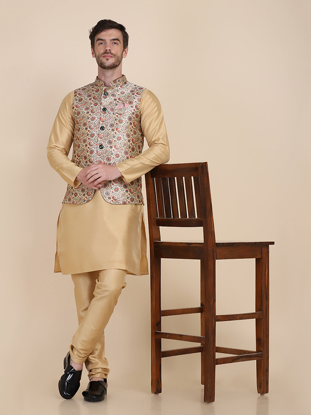 Men Beige Printed Nehru Jacket - Tahvo India