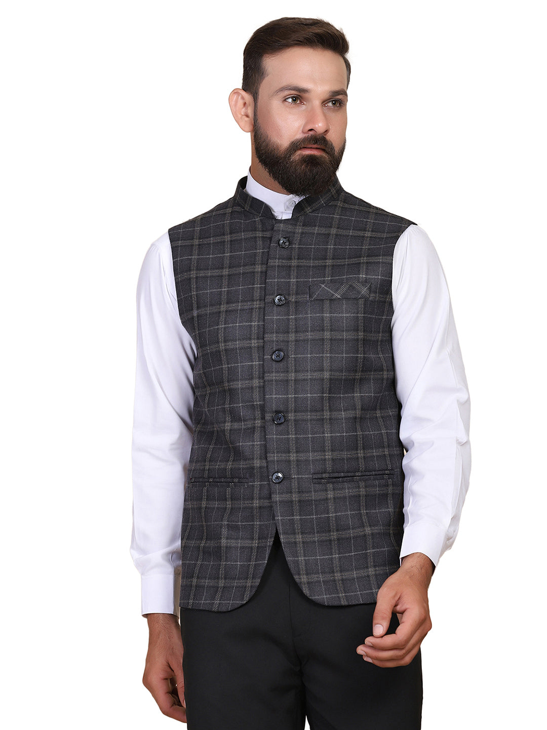 Men Grey Checks Nehru Jacket - Tahvo India