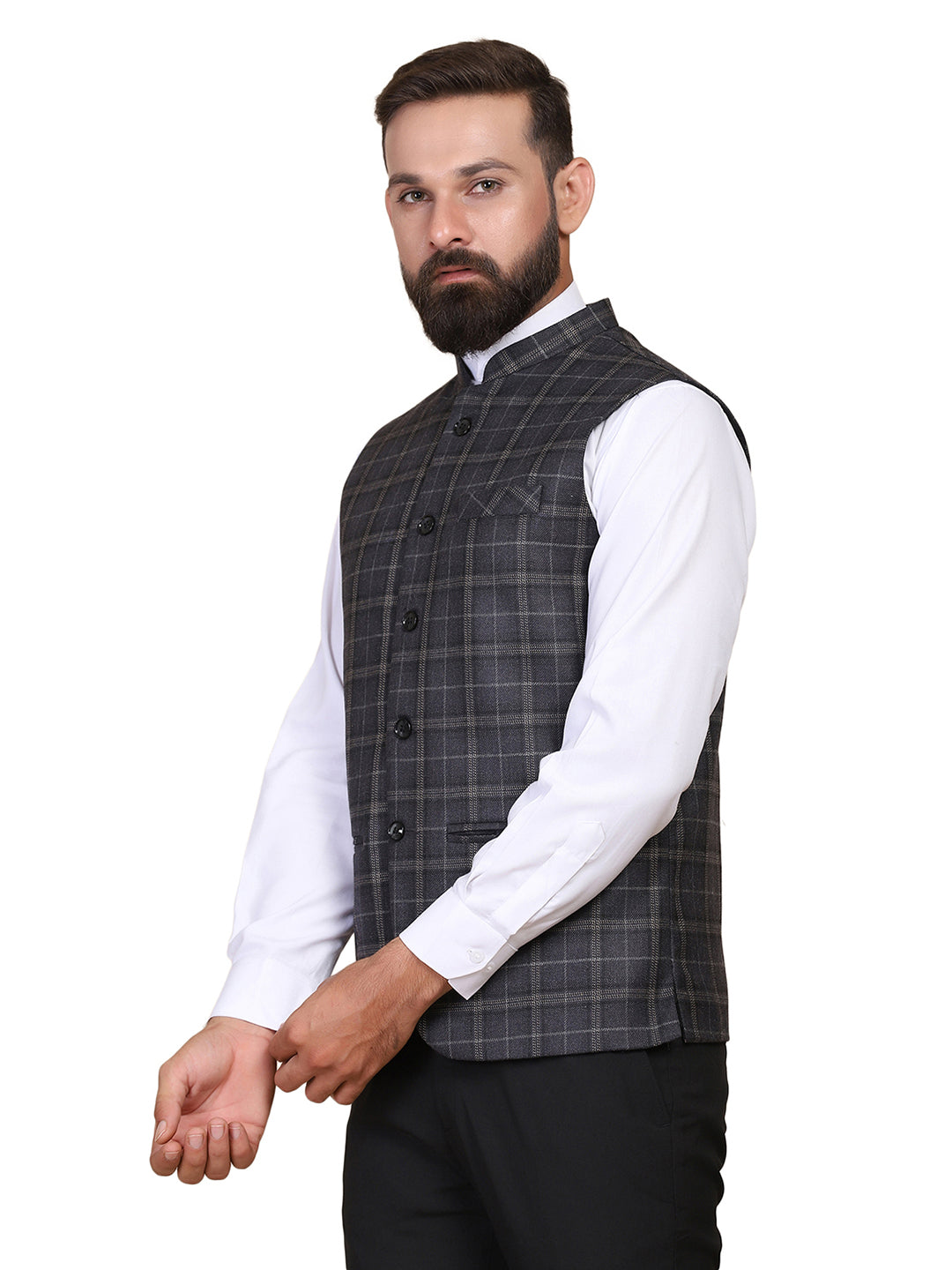 Men Grey Checks Nehru Jacket - Tahvo India