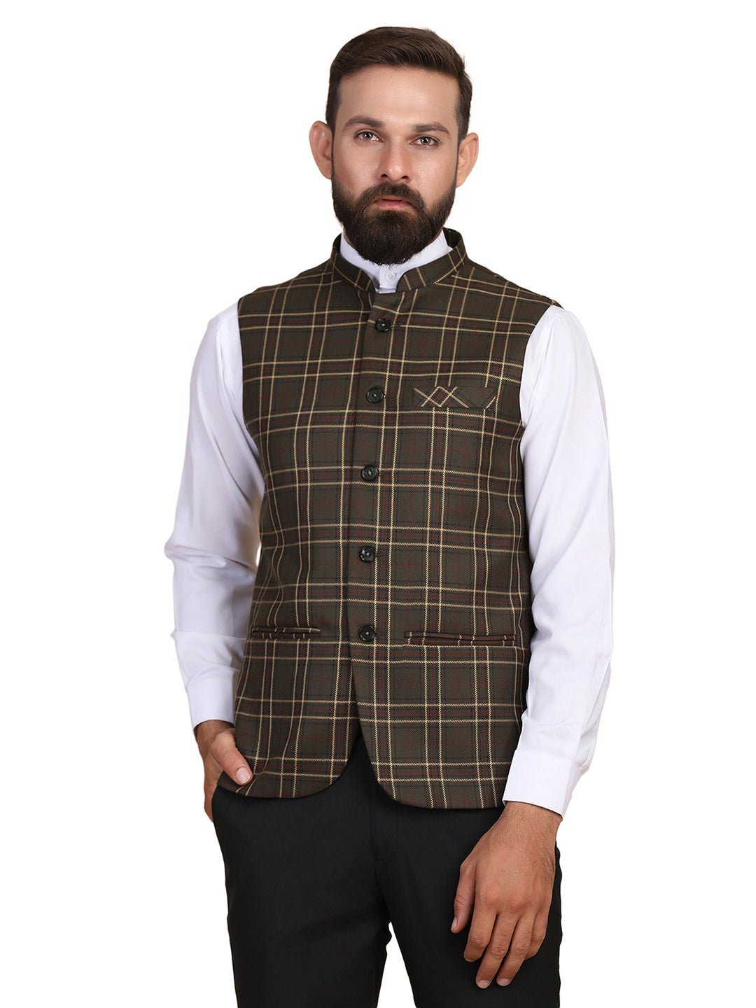 Men Military Check Nehru Jacket - Tahvo India