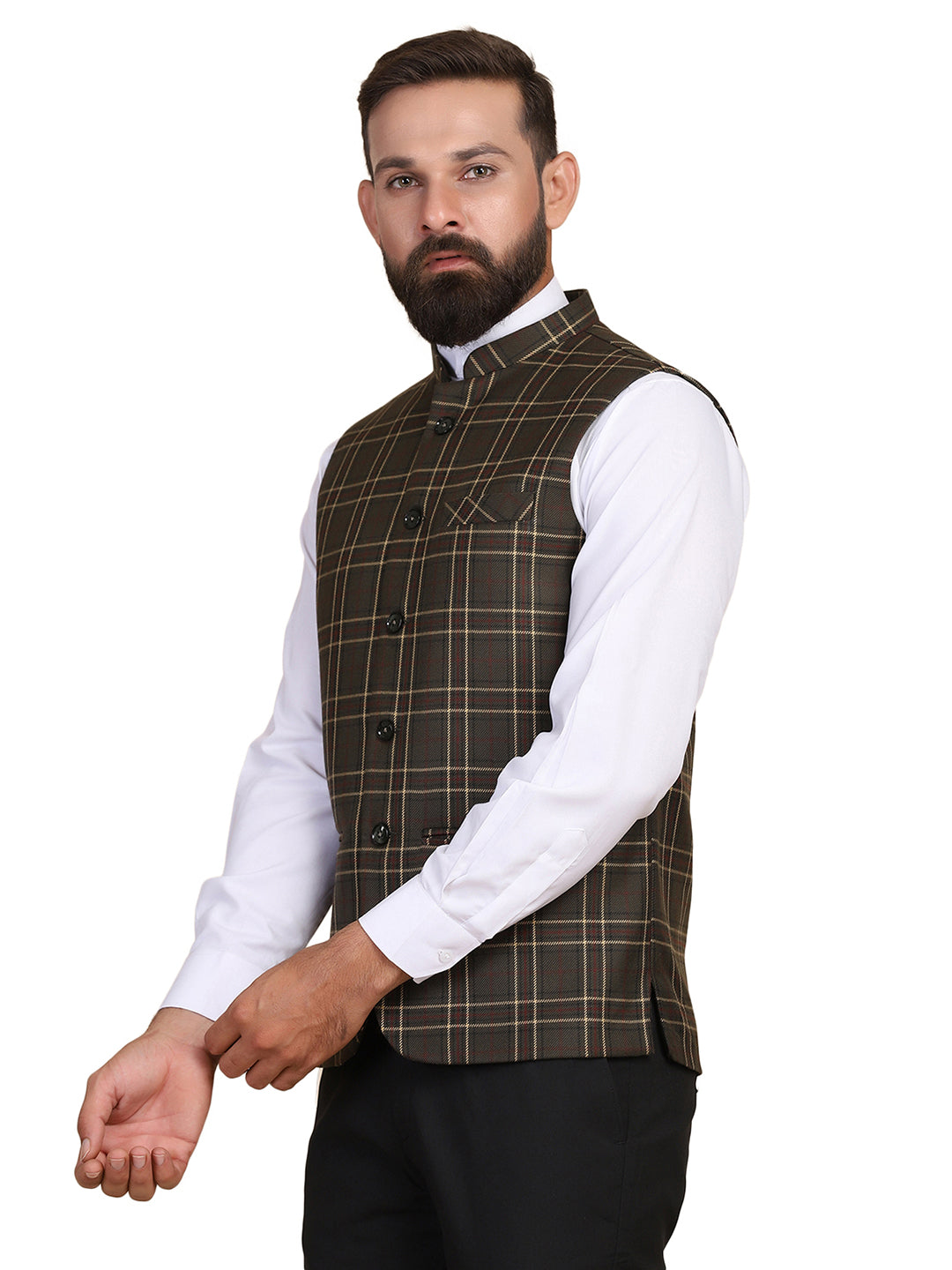 Men Military Check Nehru Jacket - Tahvo India