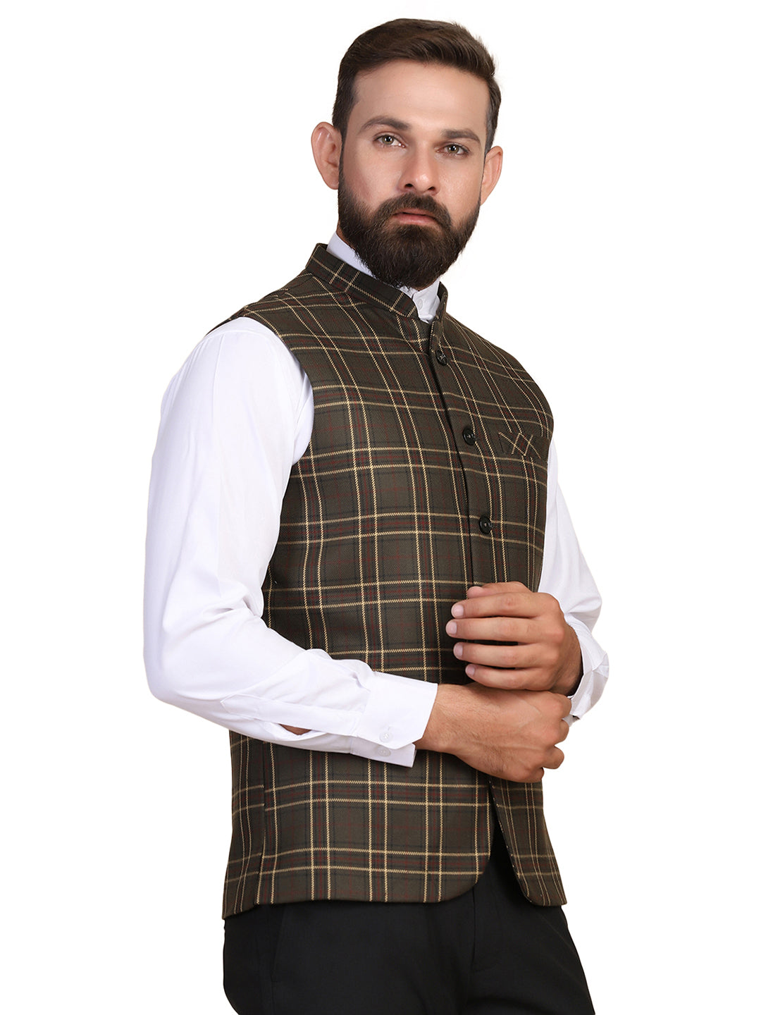Men Military Check Nehru Jacket - Tahvo India