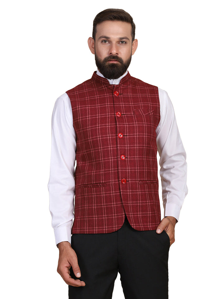 Men Maroon Tweed Nehru Jacket - Tahvo India
