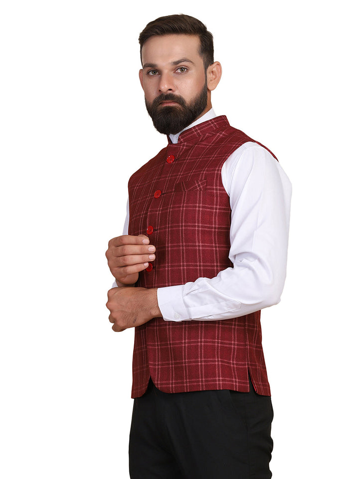 Men Maroon Tweed Nehru Jacket - Tahvo India