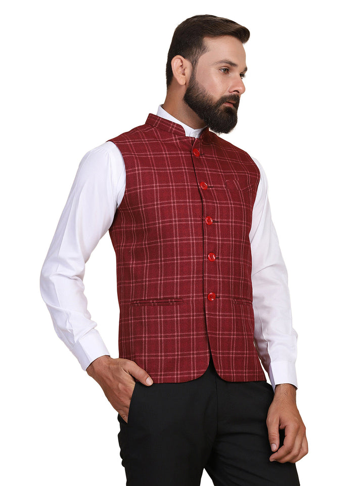 Men Maroon Tweed Nehru Jacket - Tahvo India