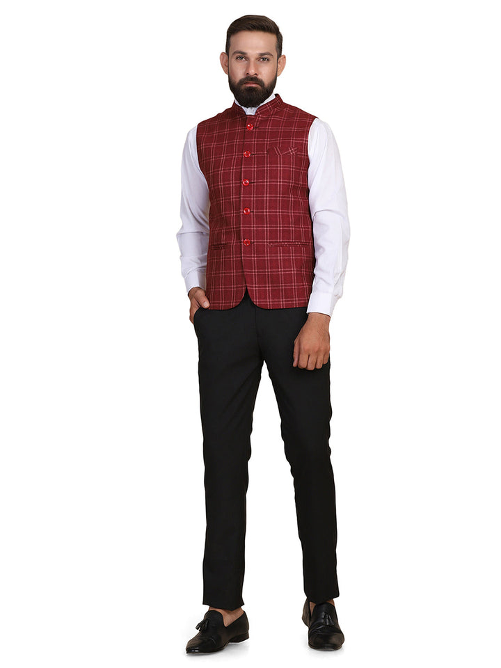 Men Maroon Tweed Nehru Jacket - Tahvo India