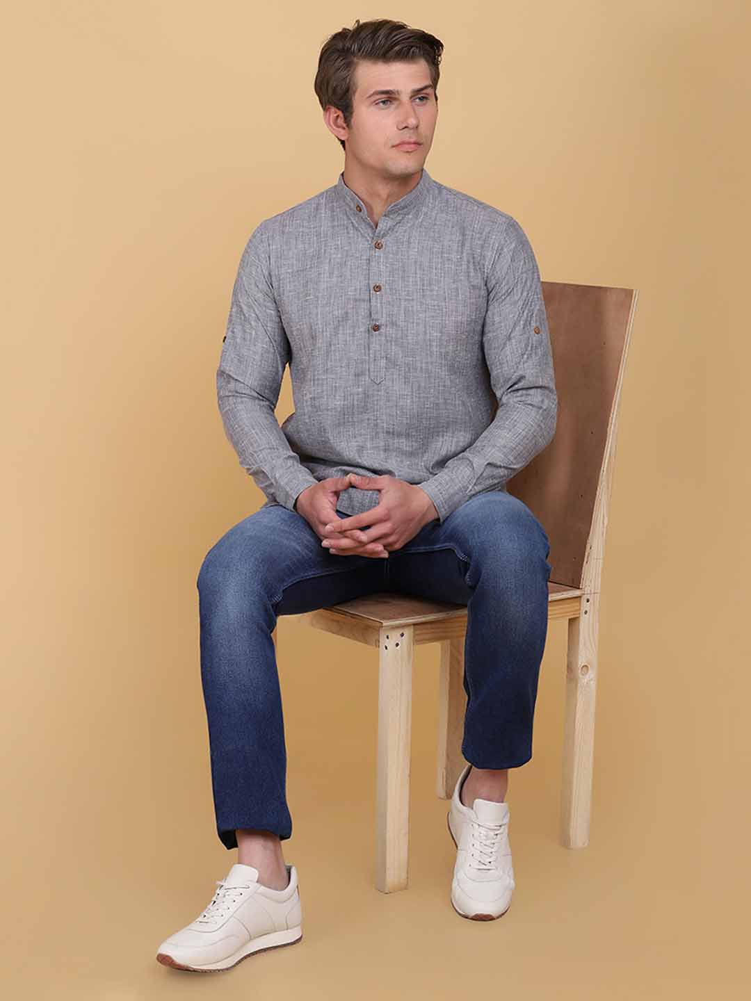 Men Slim Fit Grey Kurta Shirt - Tahvo India
