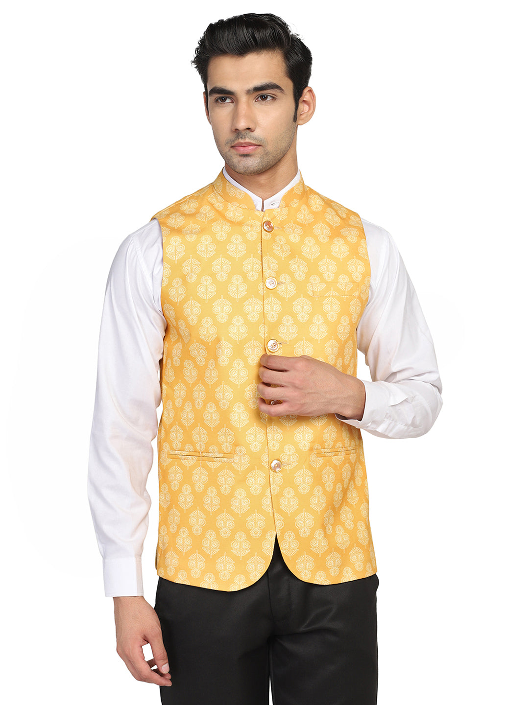 Men Yellow Leaf Nehru Jacket - Tahvo India