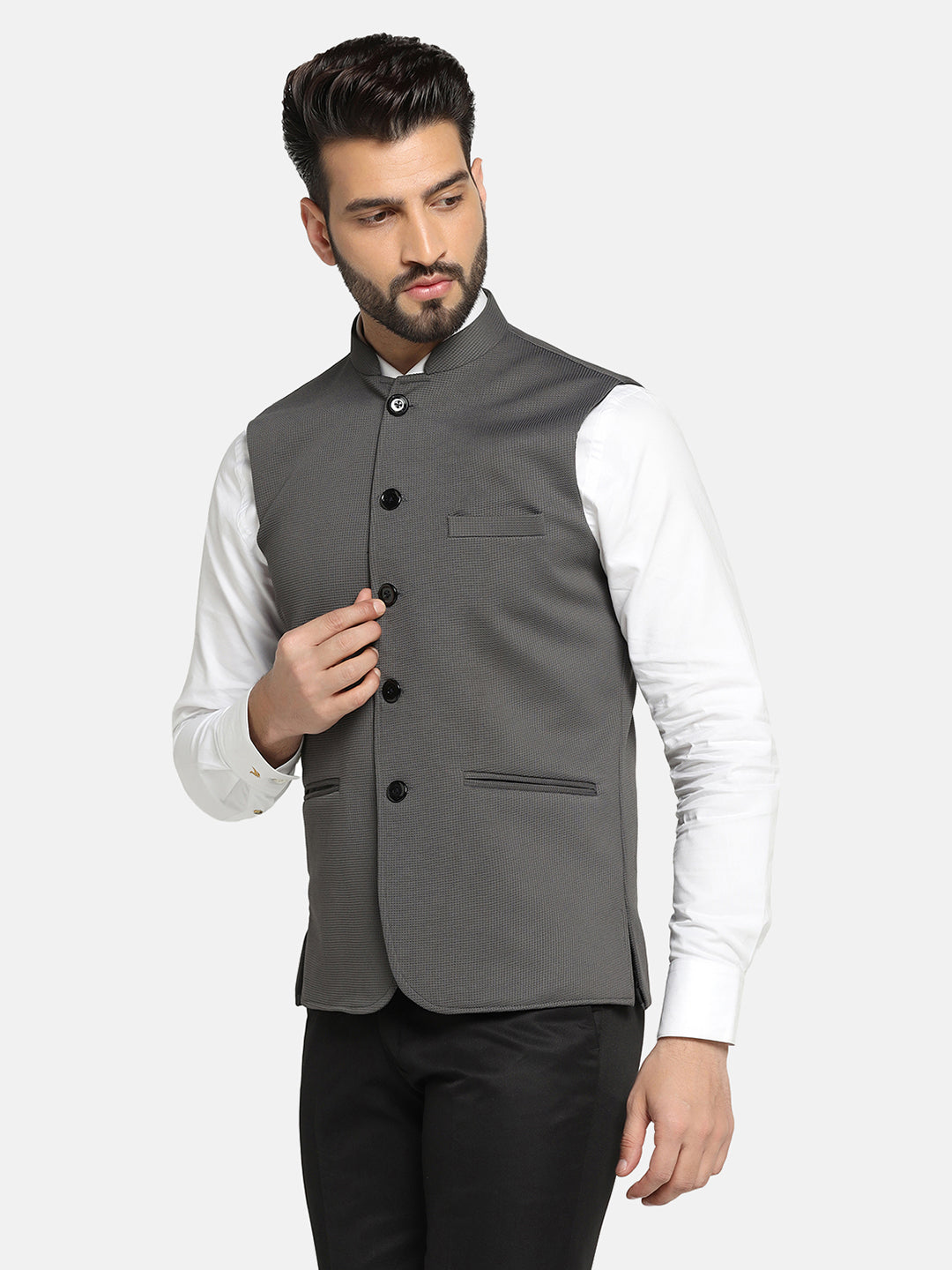 Men Grey Textured Nehru Jacket - Tahvo India