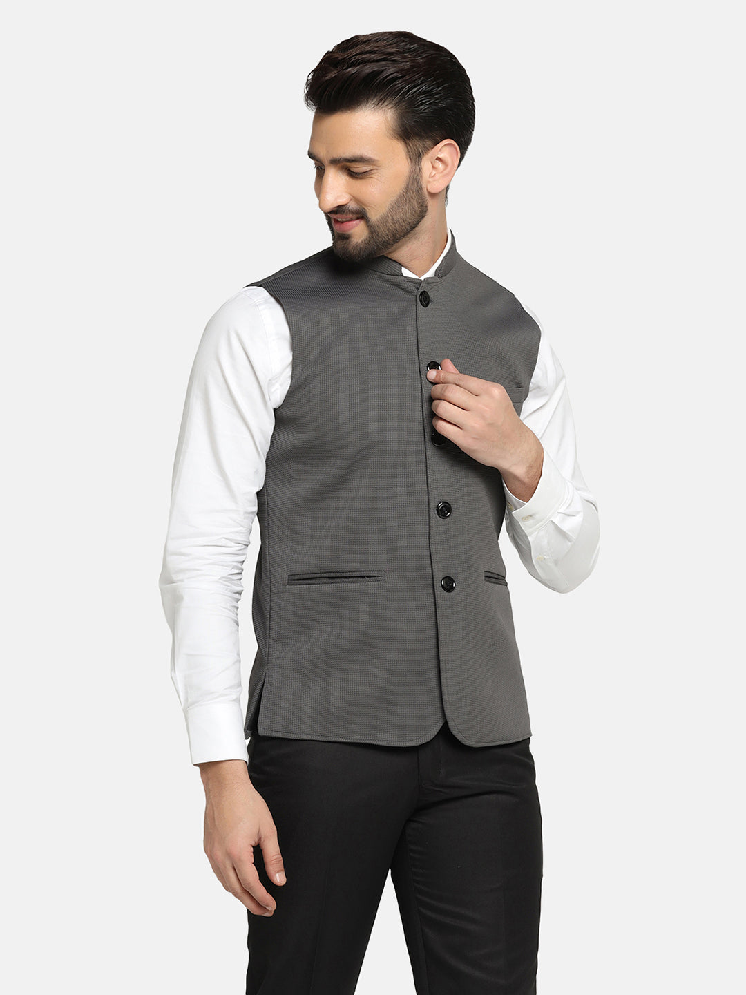 Men Grey Textured Nehru Jacket - Tahvo India