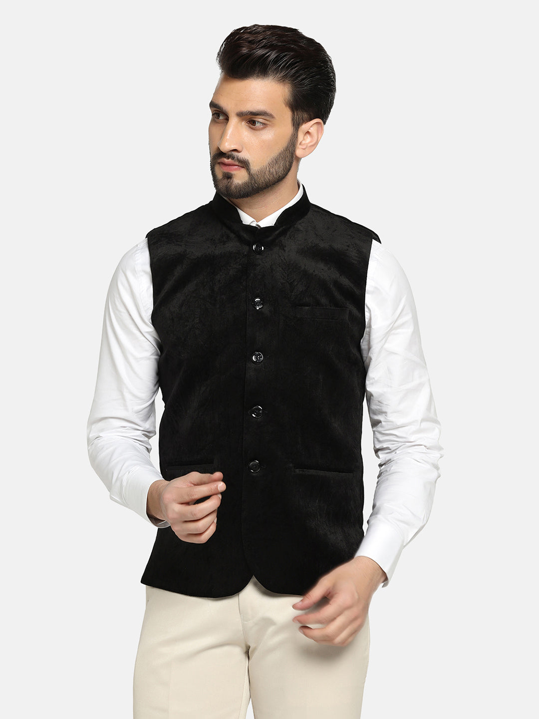 Men Black Velvet Nehru Jacket - Tahvo India