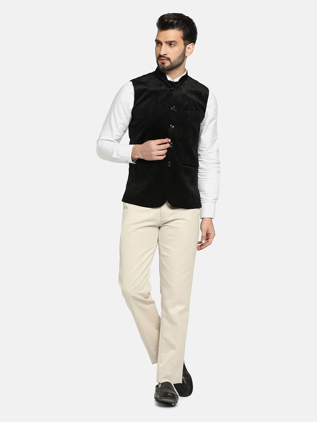Men Black Velvet Nehru Jacket - Tahvo India