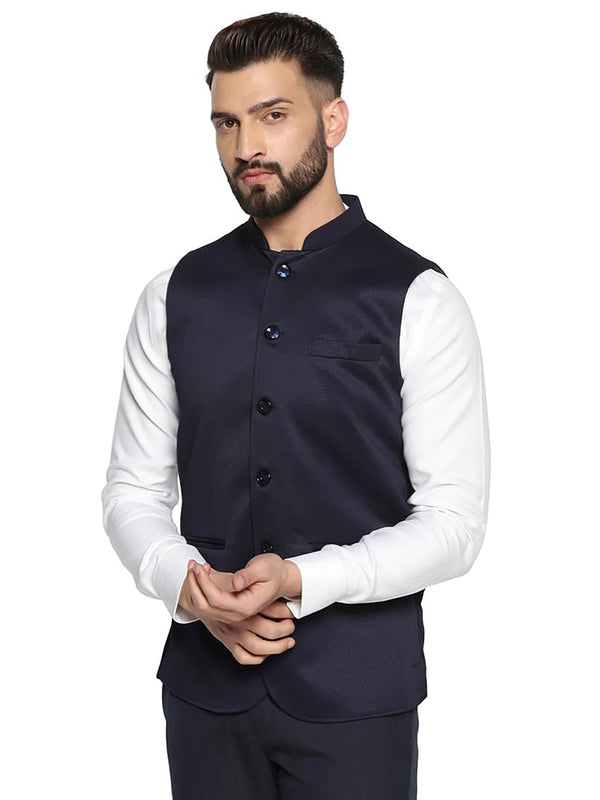 Men Blue Dobby Nehru Jacket - Tahvo India
