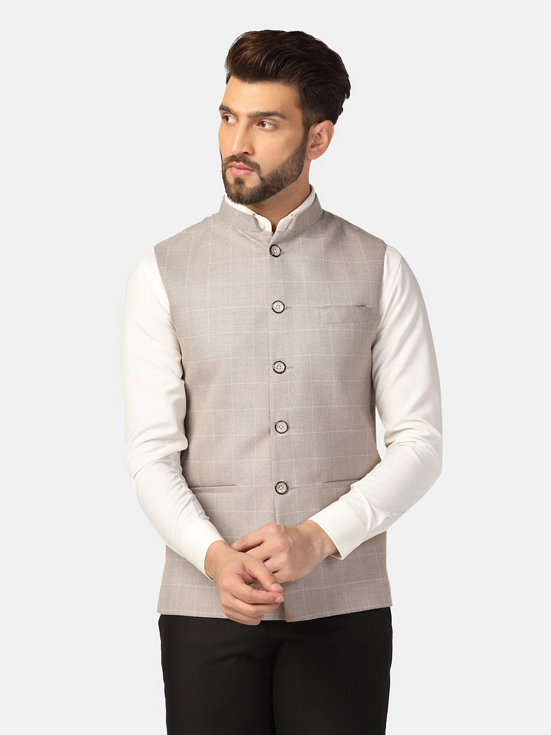 Men Beige Check Nehru Jacket - Tahvo India
