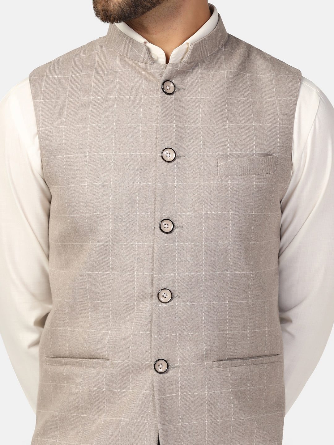 Men Beige Check Nehru Jacket - Tahvo India
