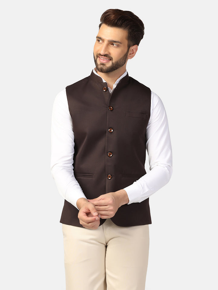 Men Brown Solid Nehru Jacket - Tahvo India