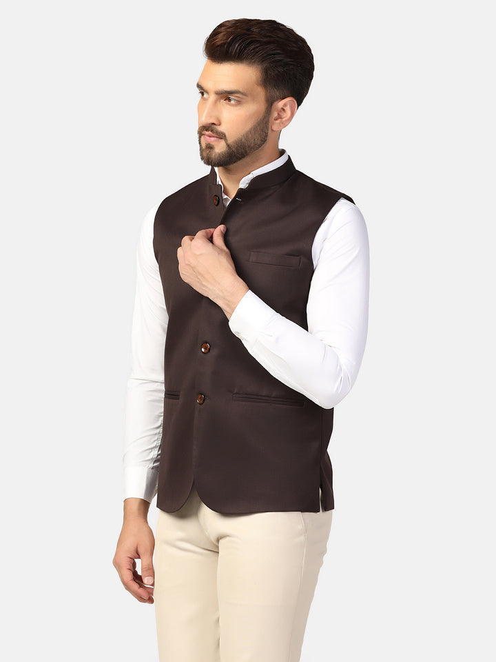 Men Brown Solid Nehru Jacket - Tahvo India