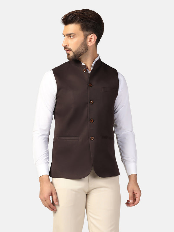 Men Brown Solid Nehru Jacket