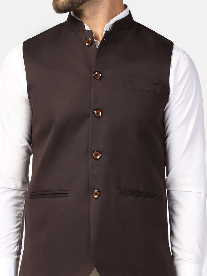 Men Brown Solid Nehru Jacket - Tahvo India