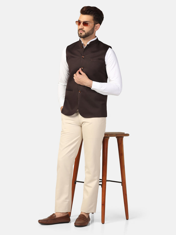 Men Brown Solid Nehru Jacket - Tahvo India
