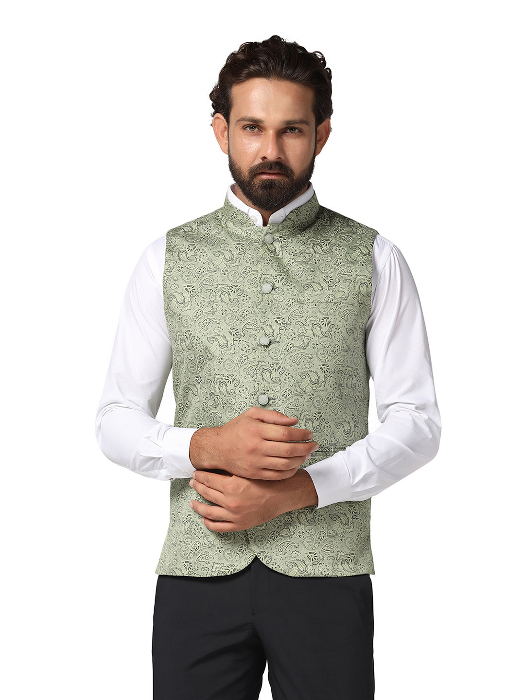 Men Green Printed Nehru Jacket - Tahvo India