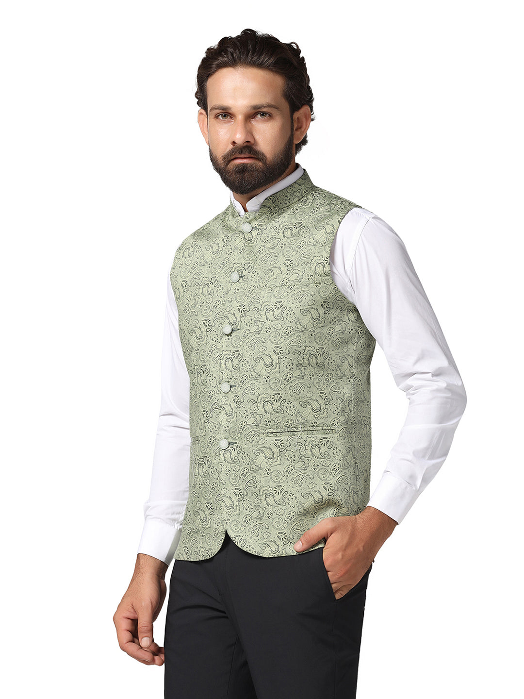 Men Green Printed Nehru Jacket - Tahvo India