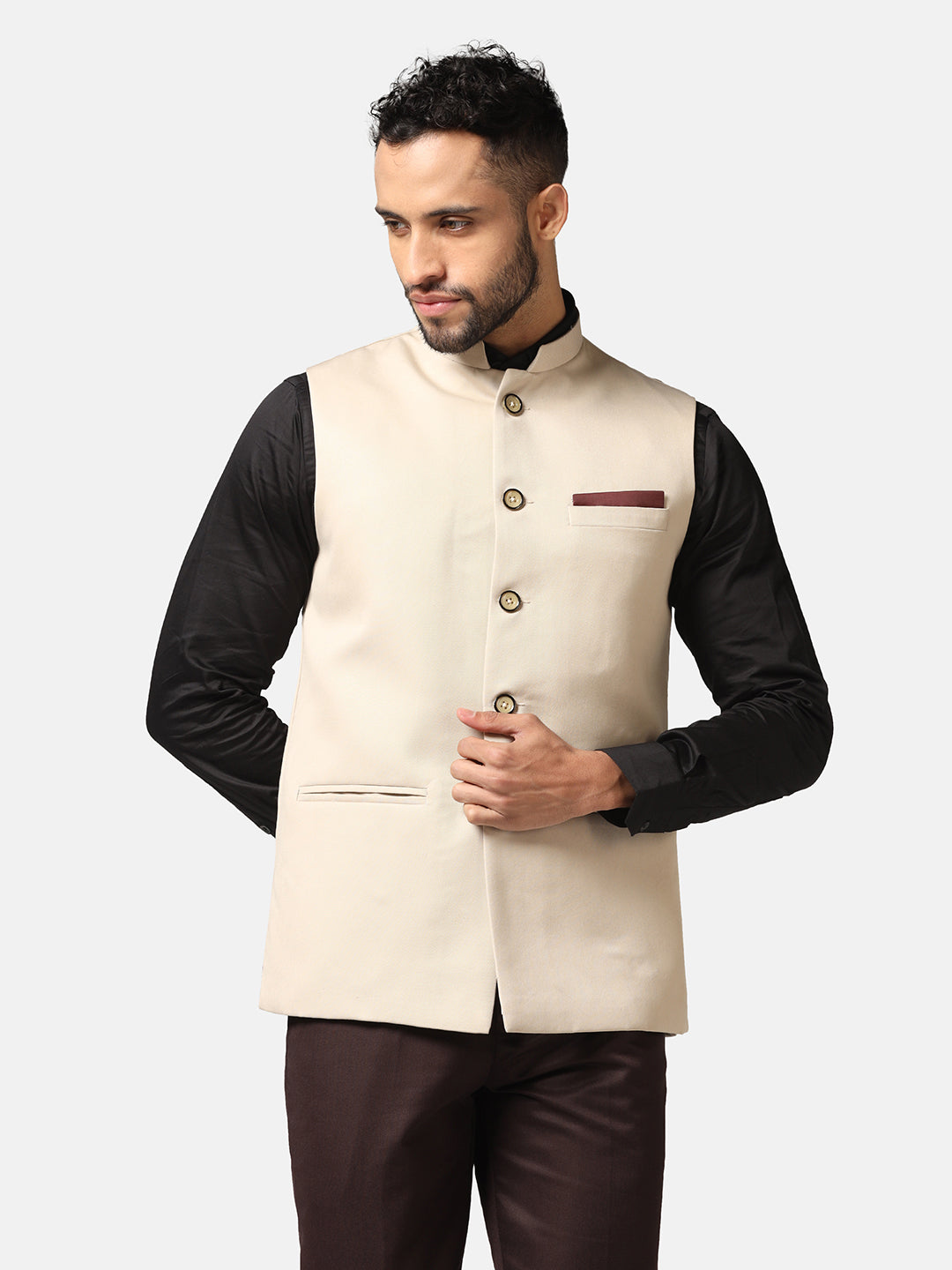 Men Beige Solid Nehru Jacket - Tahvo India