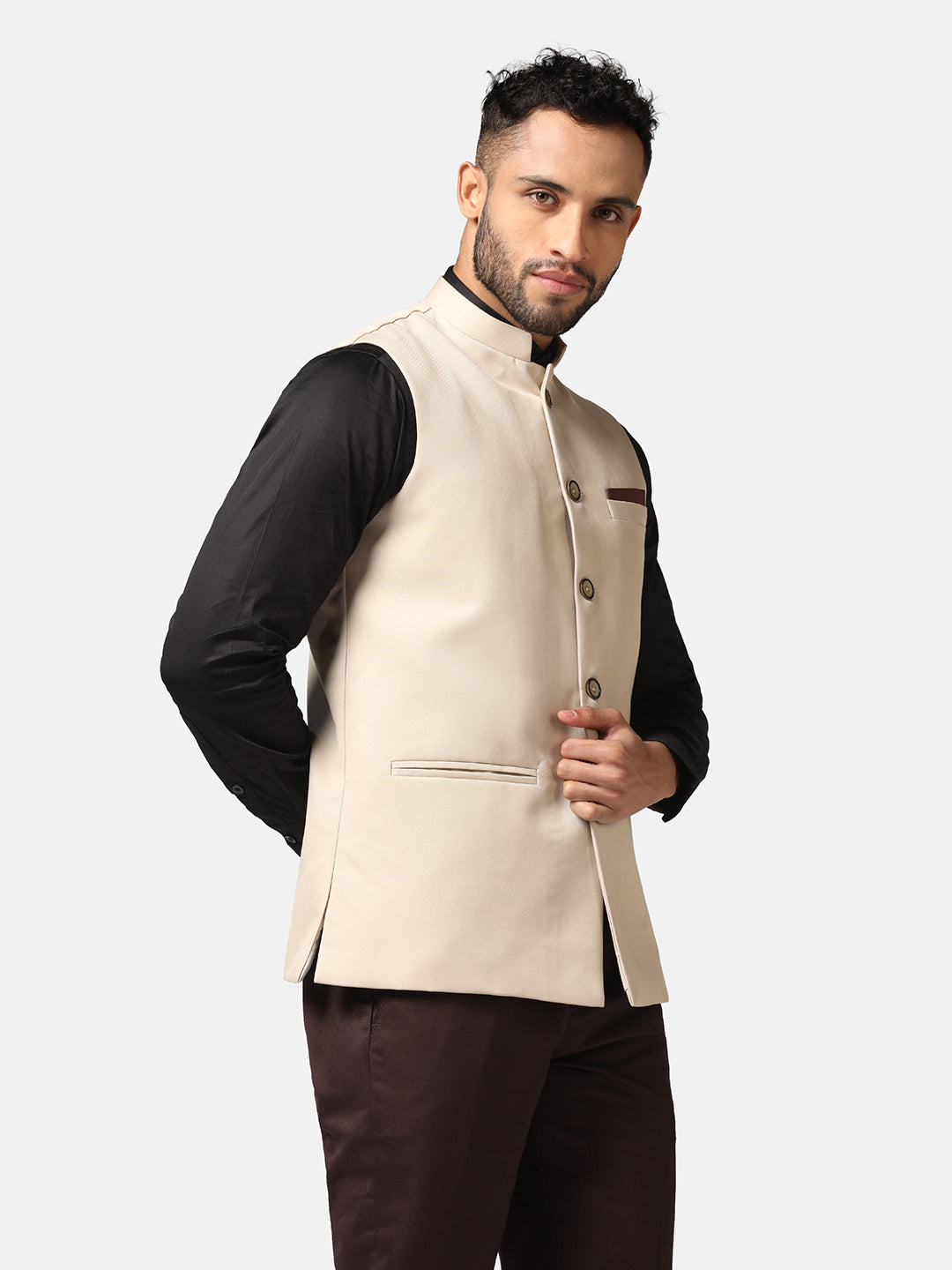Men Beige Solid Nehru Jacket - Tahvo India