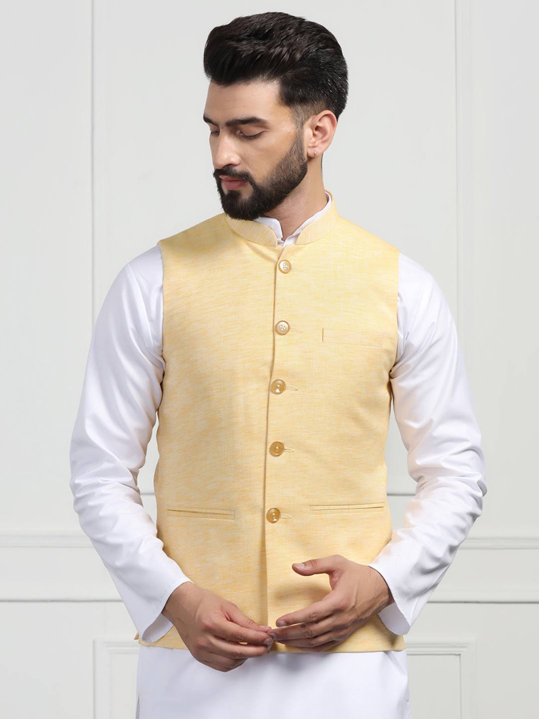 Men Yellow Linen Modi Jacket - Tahvo India