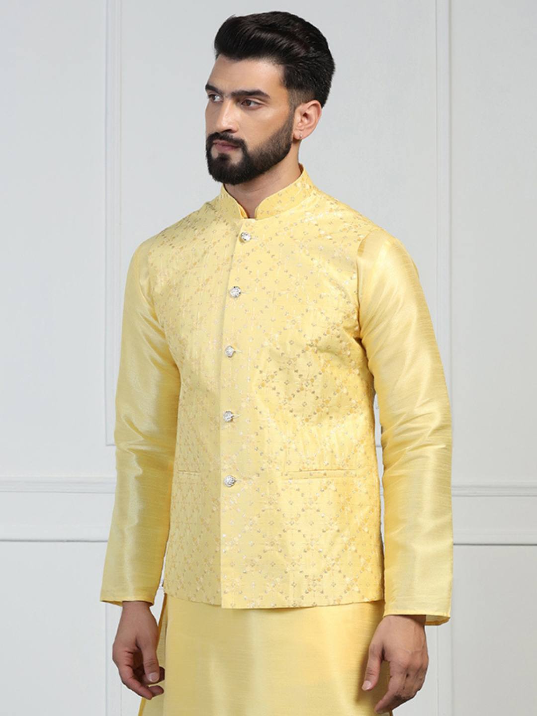 Men Yellow Embroidered Jacket - Tahvo India