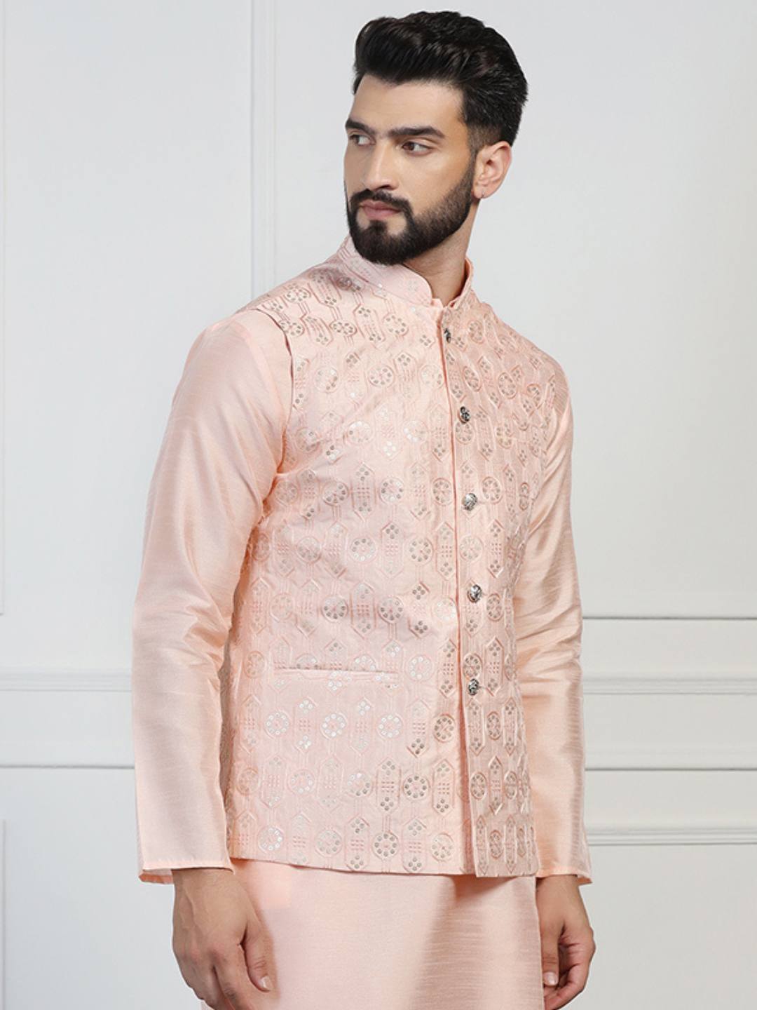 Men Peach Embroidered Jacket - Tahvo India