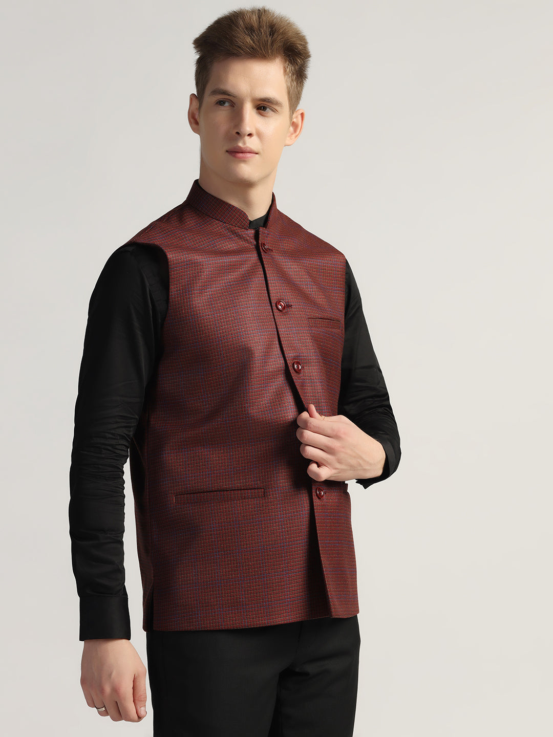 Maroon Tweed Nehru Jacket For Men - Tahvo India