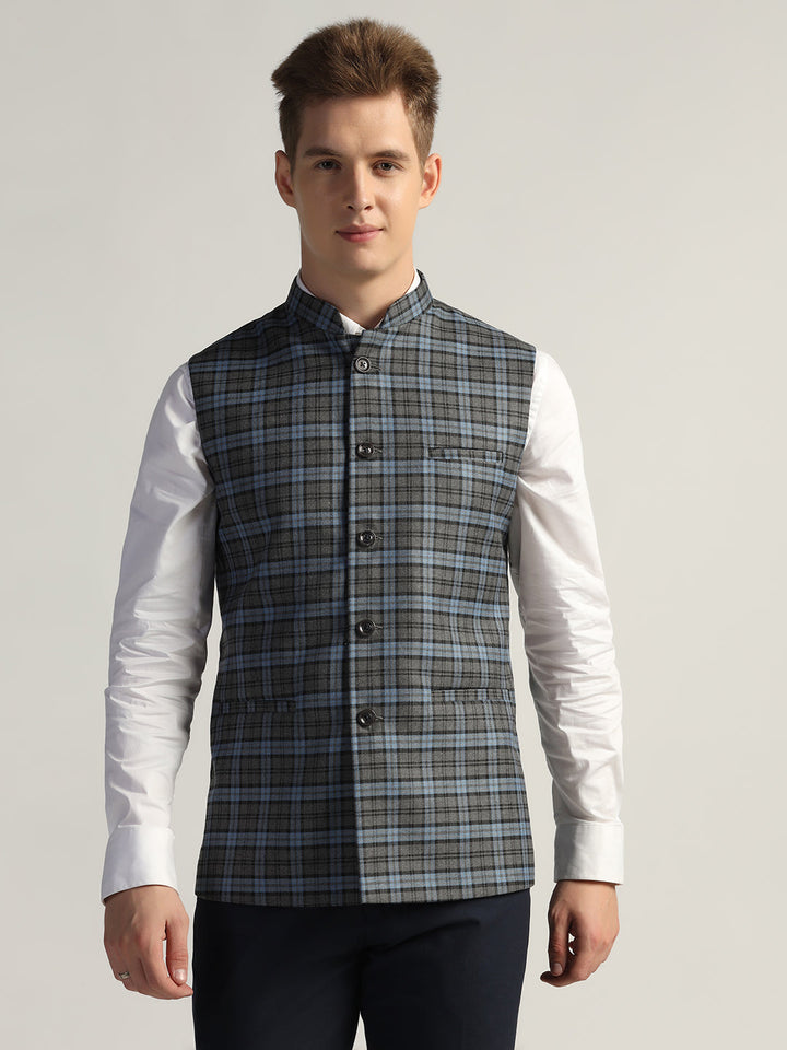 Dark Blue Tweed Nehru Jacket For Men - Tahvo India