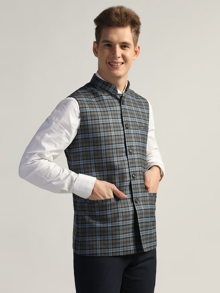 Dark Blue Tweed Nehru Jacket For Men - Tahvo India