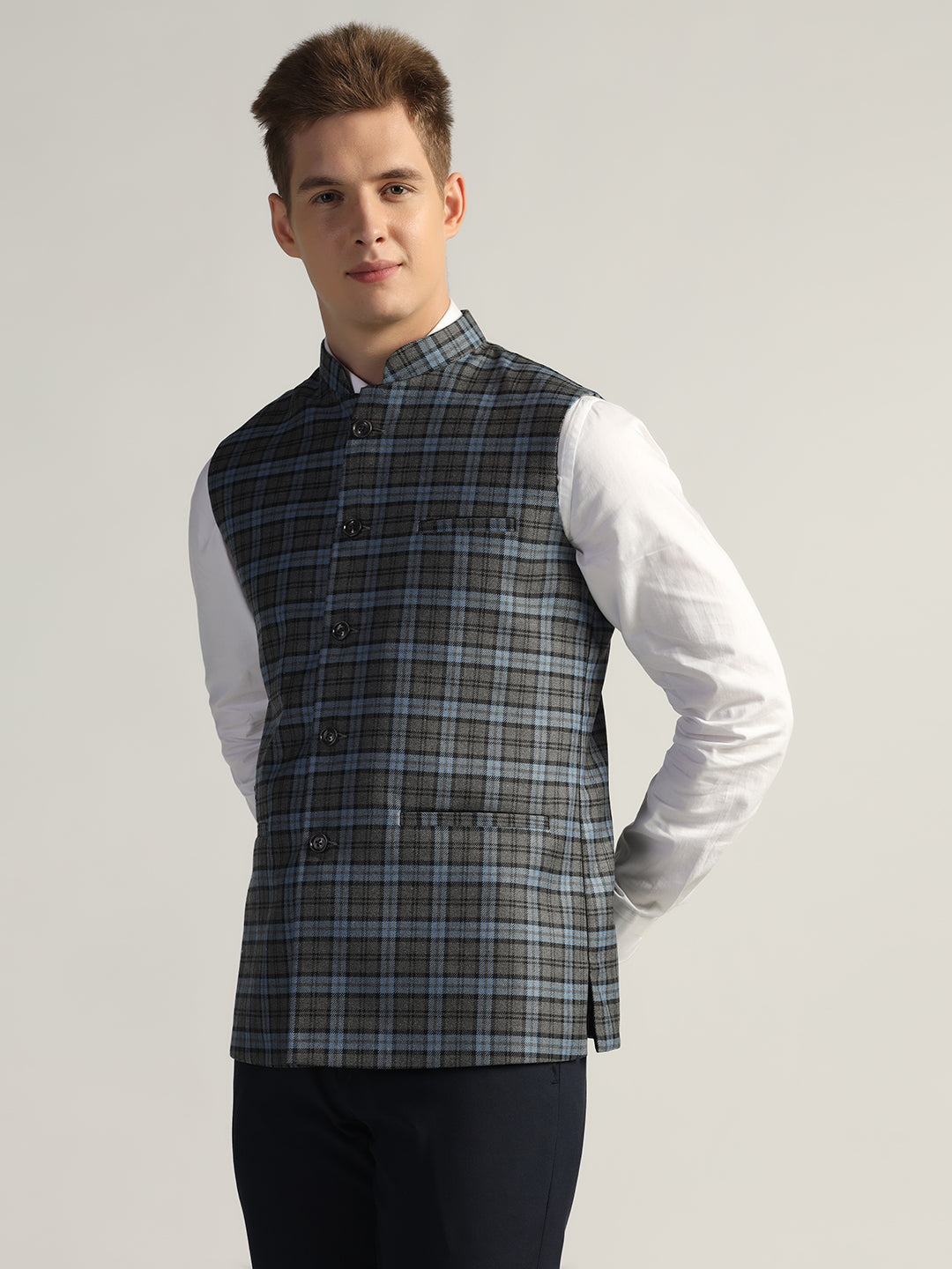 Dark Blue Tweed Nehru Jacket For Men - Tahvo India