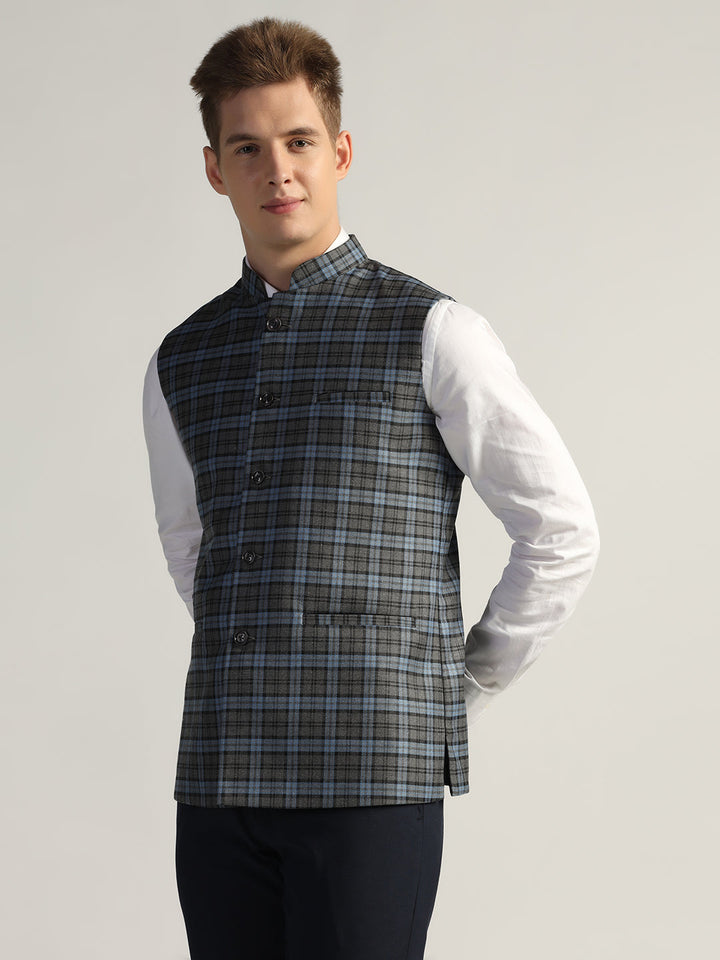 Dark Blue Tweed Nehru Jacket For Men - Tahvo India
