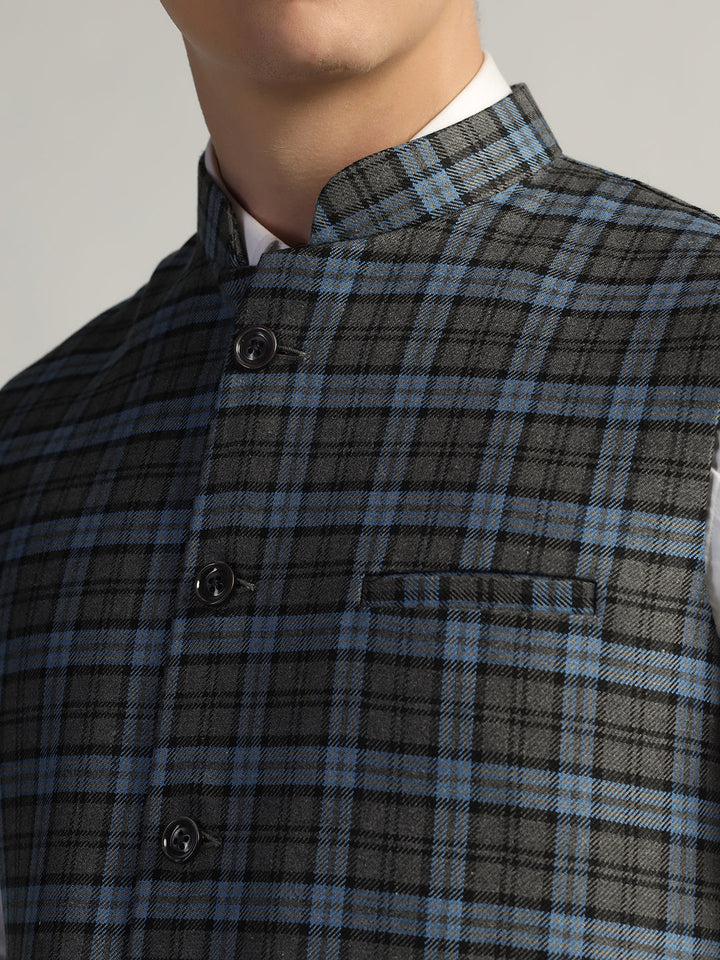 Dark Blue Tweed Nehru Jacket For Men - Tahvo India