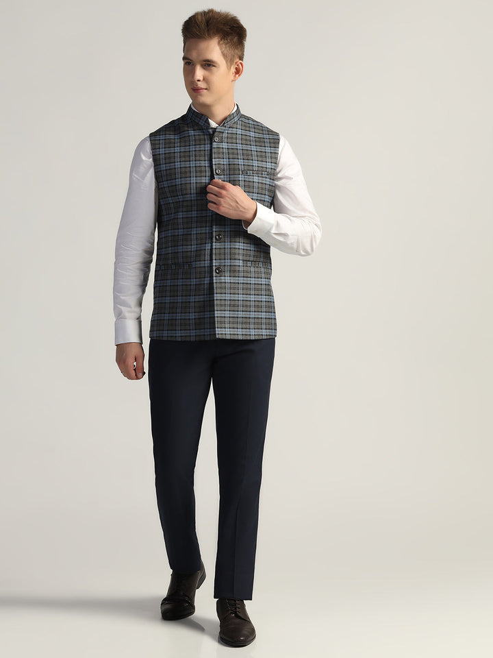 Dark Blue Tweed Nehru Jacket For Men - Tahvo India