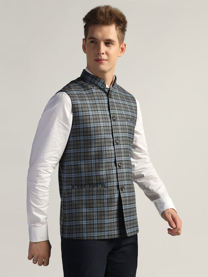 Dark Blue Tweed Nehru Jacket For Men - Tahvo India