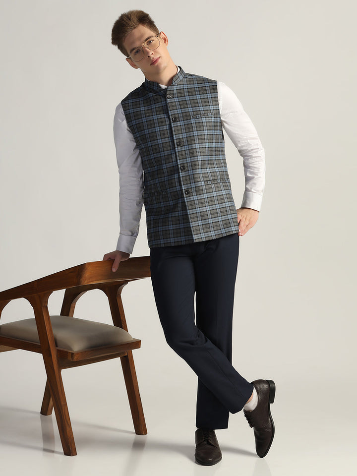 Dark Blue Tweed Nehru Jacket For Men - Tahvo India