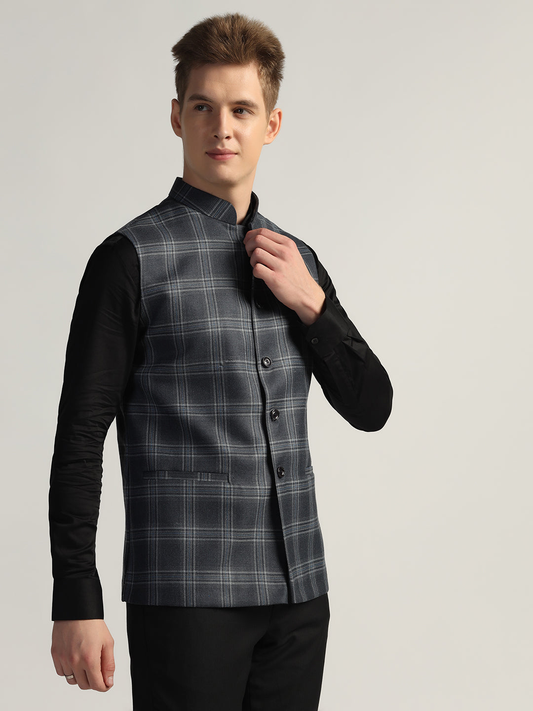 Blue Tweed Nehru Jacket For Men - Tahvo India