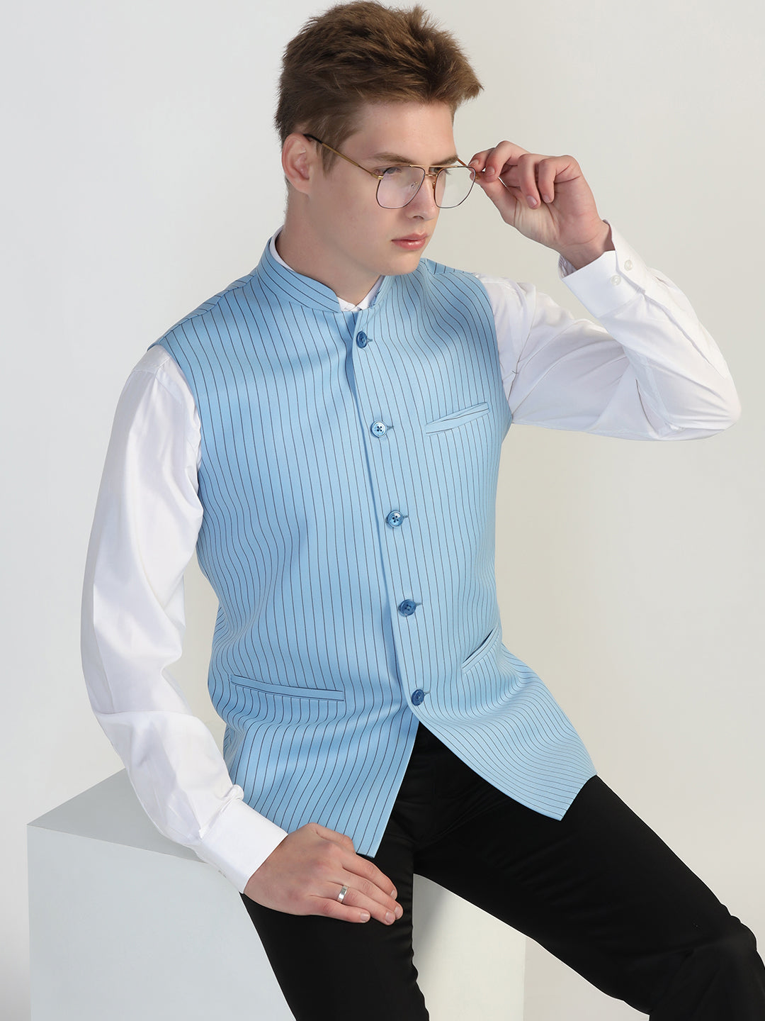 Light Blue Striped Waistcoat - Tahvo India
