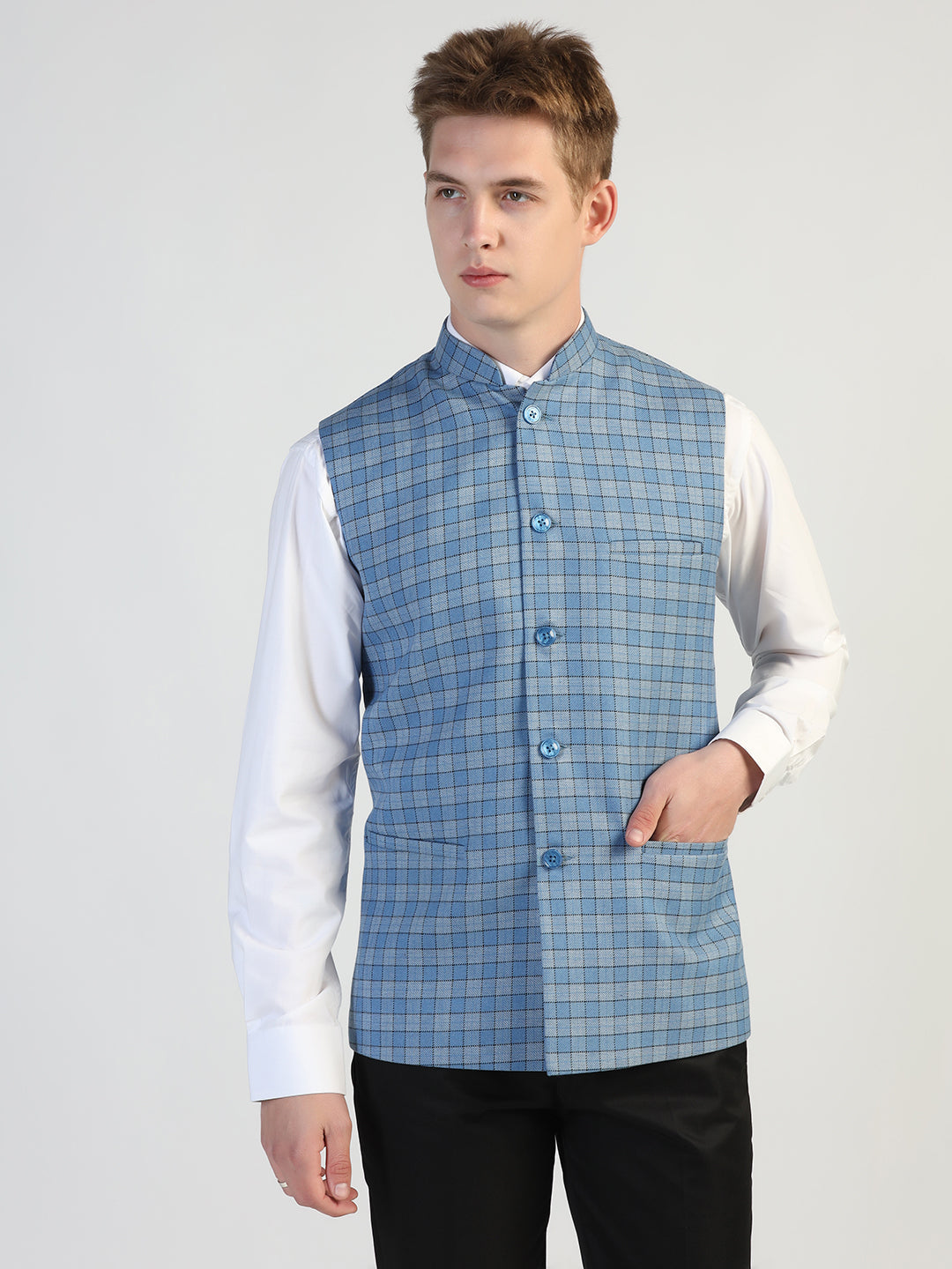Blue Checked Waistcoat - Tahvo India