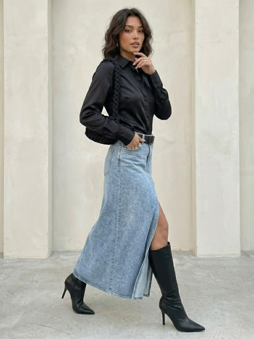 Black Satin Shirt with Long Extended Cuffs