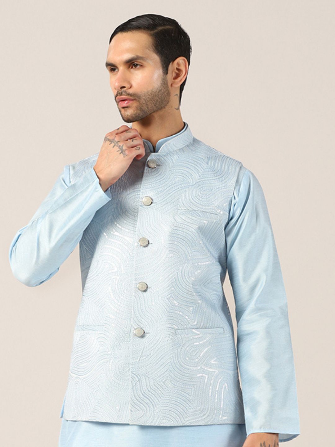 Blue Textured Nehru Jacket
