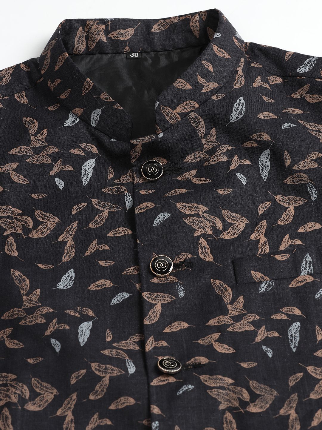 Black Leaf Printed Nehru Jacket