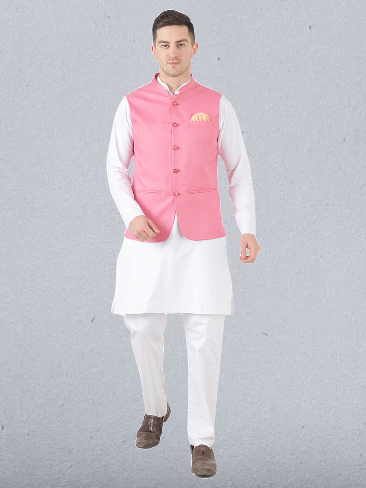 Men Pink Button Nehru Jacket - Tahvo India