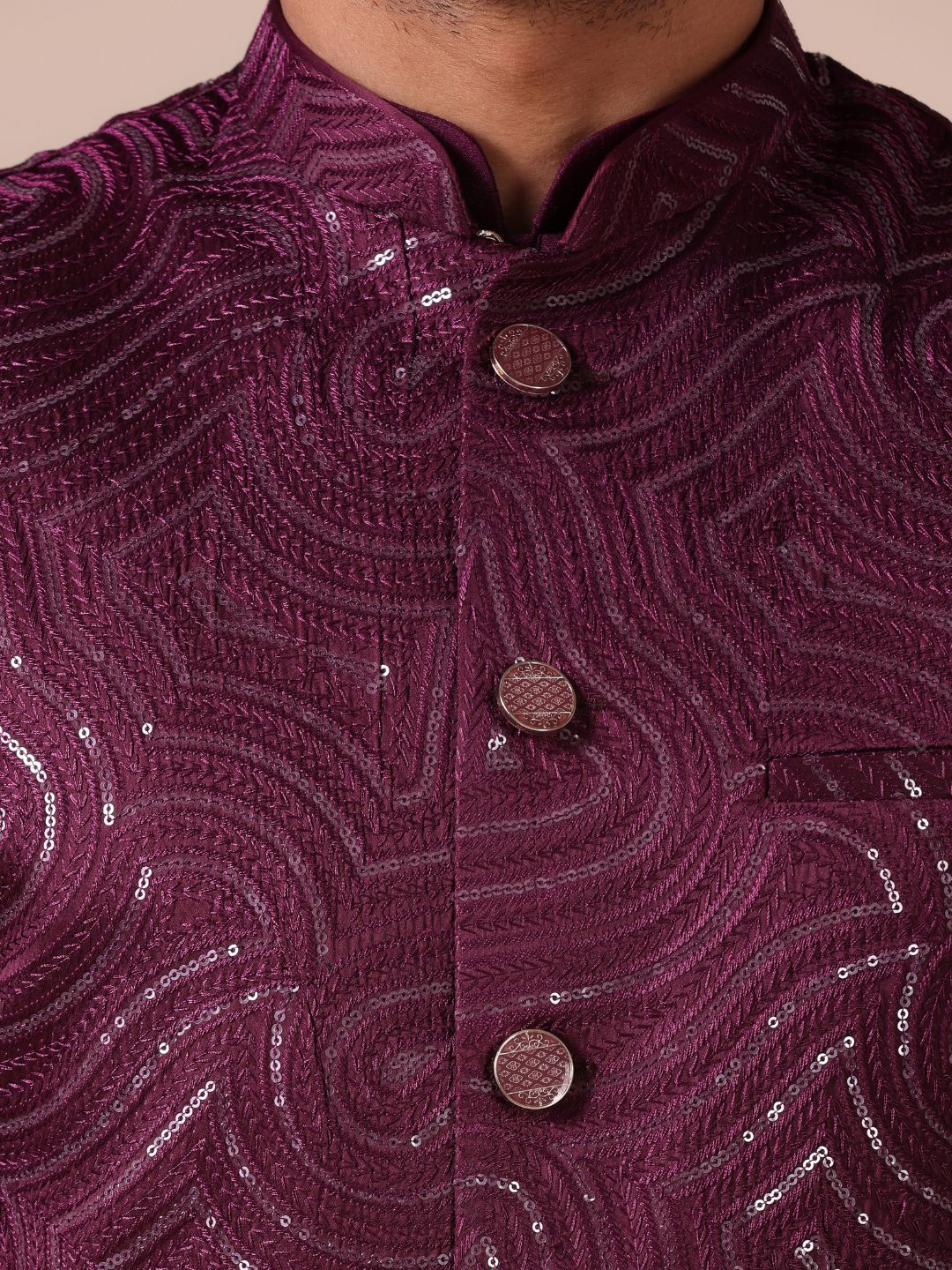 Heritage Wine Kurta Set with Textured Nehru Jacket